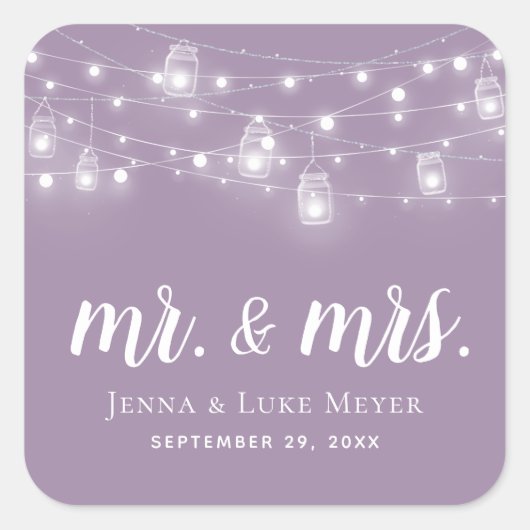 Rustic String Lights Mr. en Mrs Wedding Monogram Vierkante Sticker (Voorkant)
