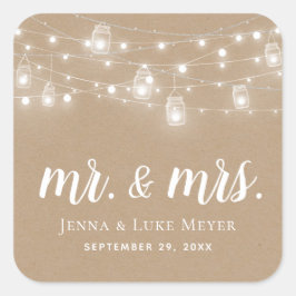 Rustic String Lights Mr. en Mrs Wedding Monogram Vierkante Sticker