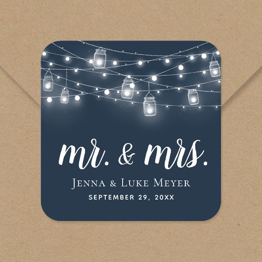Rustic String Lights Mr. en Mrs Wedding Monogram Vierkante Sticker