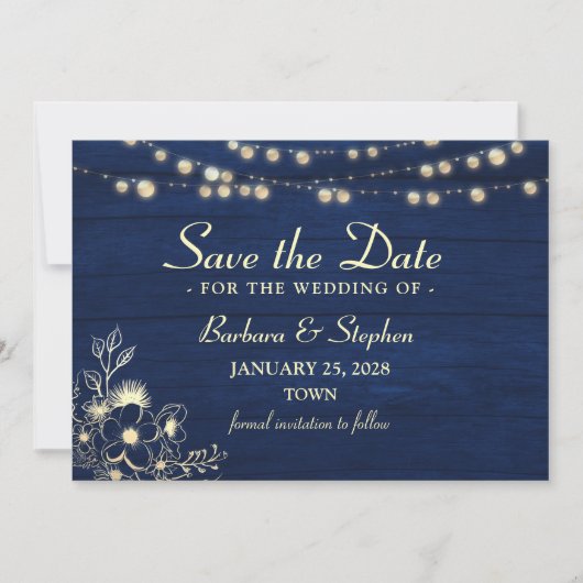 Rustic String Lights Navy Blauw Save The Date (Voorkant)