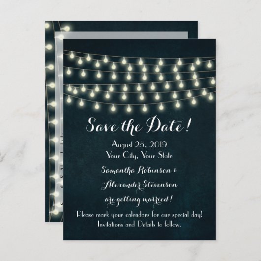 Rustic String Lights Navy Blue Wedding Aankondigingskaart (Voorkant / Achterkant)
