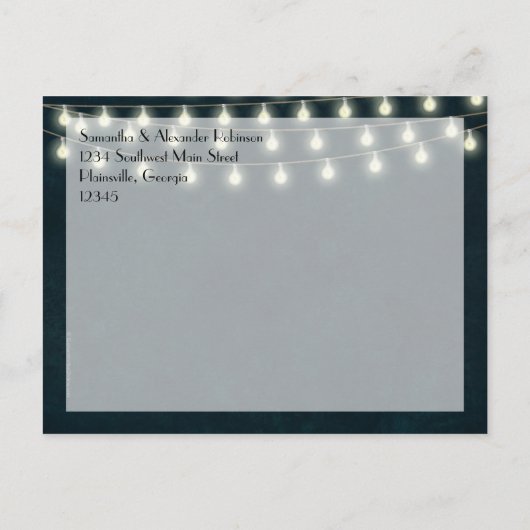 Rustic String Lights Navy Blue Wedding Aankondigingskaart (Achterkant)