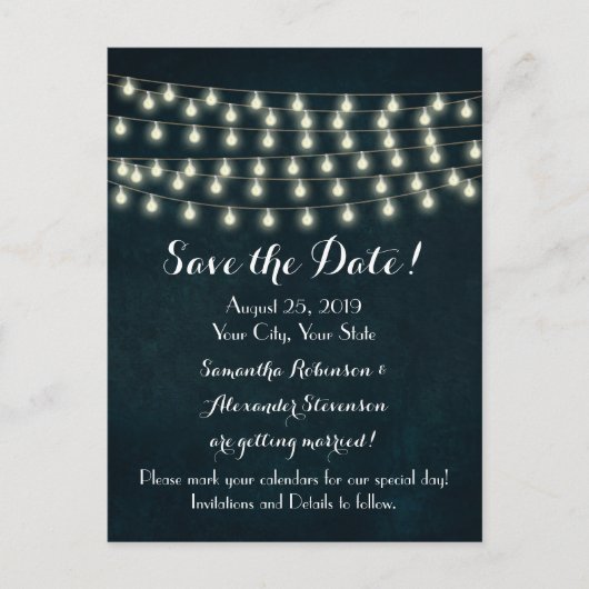  Rustic String Lights Navy Blue Wedding Aankondigingskaart (Voorkant)