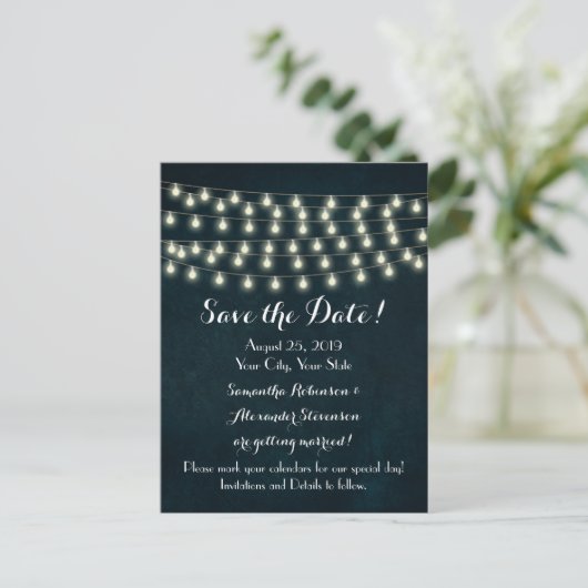  Rustic String Lights Navy Blue Wedding Aankondigingskaart (Staand voorkant)