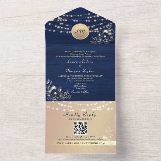 Rustic String Lights Navy Blue Wedding All In One Uitnodiging (Binnen)