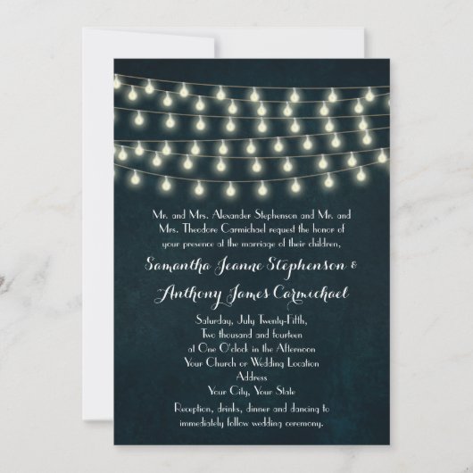  Rustic String Lights Navy Blue Wedding Kaart (Voorkant)