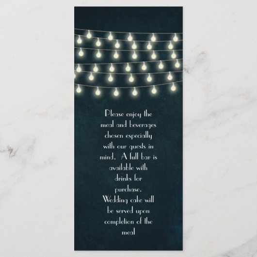 Rustic String Lights Navy Blue Wedding Menu (Achterkant)