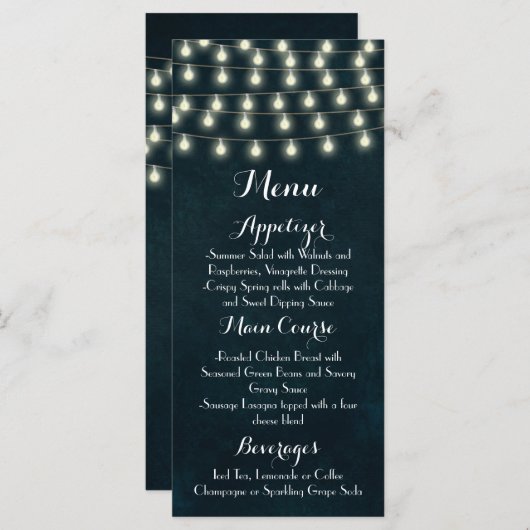 Rustic String Lights Navy Blue Wedding Menu (Voorkant / Achterkant)