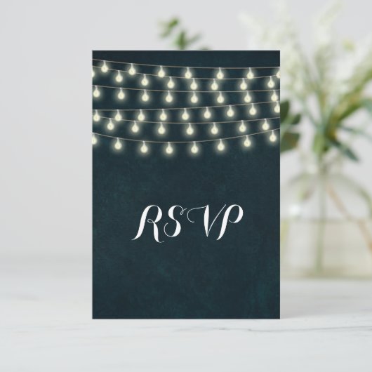  Rustic String Lights Navy Blue Wedding RSVP Kaartje (Staand voorkant)