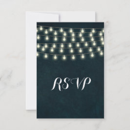  Rustic String Lights Navy Blue Wedding RSVP Kaartje