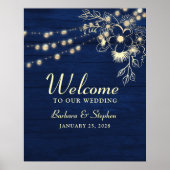 Rustic String Lights Navy Blue Wedding Welkom Poster (Voorkant)