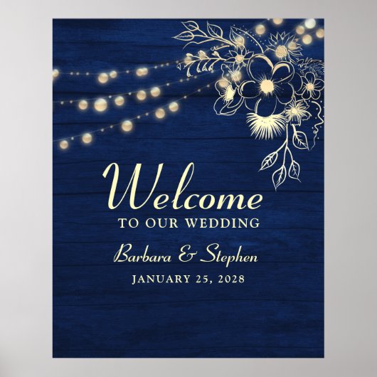 Rustic String Lights Navy Blue Wedding Welkom Poster (Voorkant)