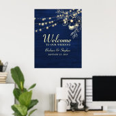 Rustic String Lights Navy Blue Wedding Welkom Poster (Thuiskantoor)