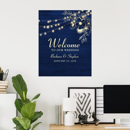 Rustic String Lights Navy Blue Wedding Welkom Poster (Thuiskantoor)
