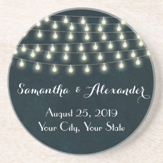 Rustic String Lights Navy Blue Wedding Zandsteen Onderzetter