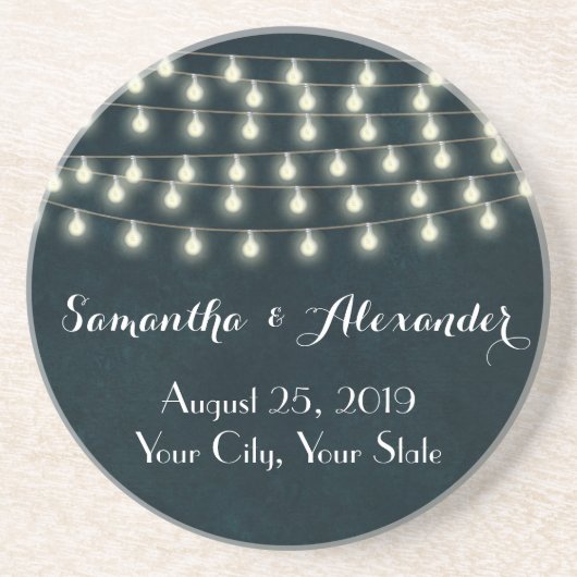 Rustic String Lights Navy Blue Wedding Zandsteen Onderzetter (Voorkant)