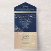 Rustic String Lights Navy en Gold Wedding All In One Uitnodiging (Binnen)