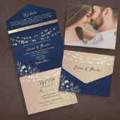 Rustic String Lights Navy en Gold Wedding All In One Uitnodiging