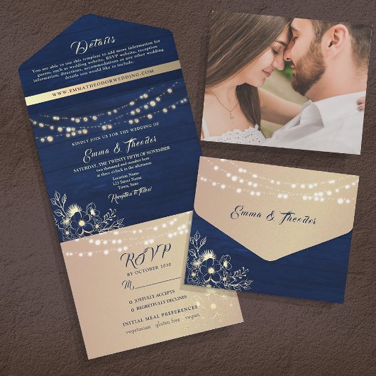 Rustic String Lights Navy en Gold Wedding All In One Uitnodiging