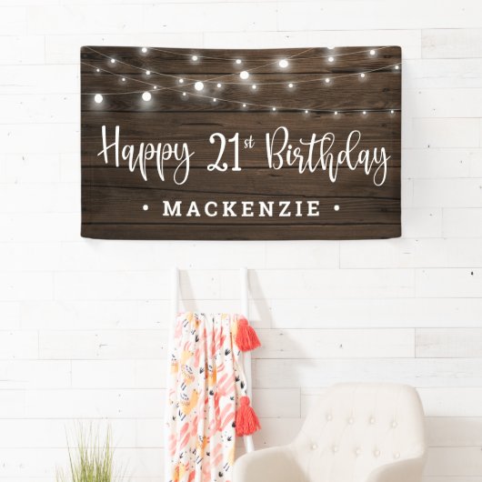 Rustic String Lights op Wood 21st Birthday Spandoek (Insitu)