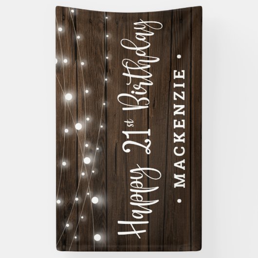 Rustic String Lights op Wood 21st Birthday Spandoek (Verticaal)