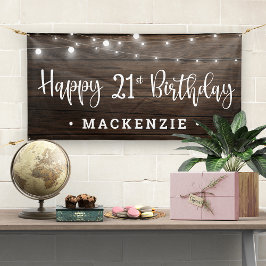 Rustic String Lights op Wood 21st Birthday Spandoek