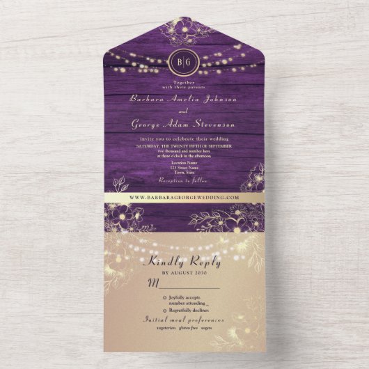 Rustic String Lights Paarse bruiloft All In One Uitnodiging (Binnen)