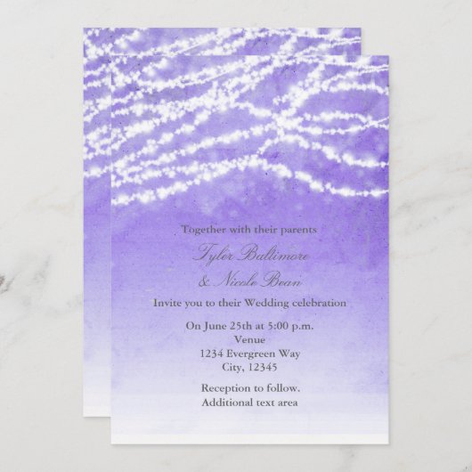 Rustic String Lights Paarse bruiloft uitnodiging (Voorkant / Achterkant)