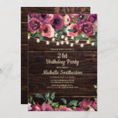 Rustic String Lights Paarse Floral 21st Birthday Kaart (Voorkant / Achterkant)