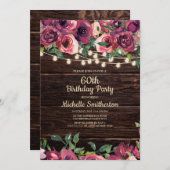 Rustic String Lights Paarse Floral 60th Birthday Kaart (Voorkant / Achterkant)