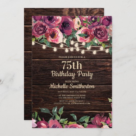 Rustic String Lights Paarse Floral 75th Birthday Kaart (Voorkant / Achterkant)
