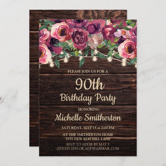 Rustic String Lights Paarse Floral 90th Birthday Kaart (Voorkant / Achterkant)