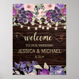 Rustic String Lights Paarse Pink Floral Wedding Poster