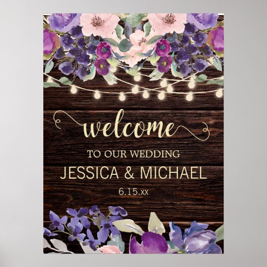 Rustic String Lights Paarse Pink Floral Wedding Poster (Voorkant)