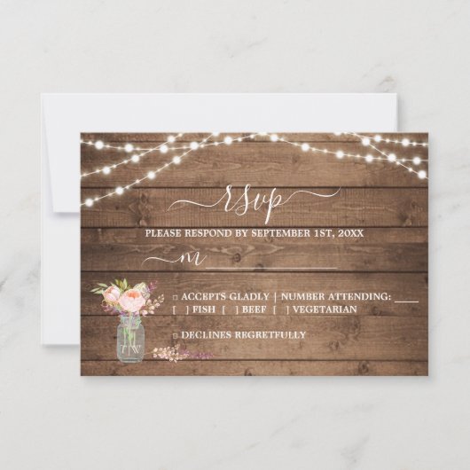 Rustic String Lights Peony Wedding RSVP Kaartje (Voorkant)