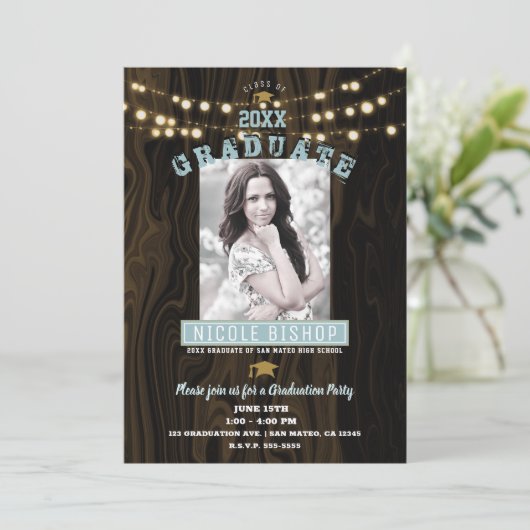 Rustic String Lights Photo Graduparty Kaart (Staand voorkant)