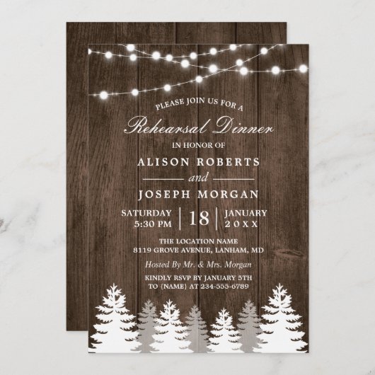 Rustic String Lights Pine Tree Rehearsal Dinner Kaart (Voorkant / Achterkant)