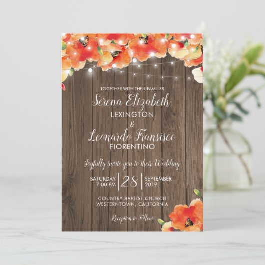 Rustic String Lights Poppy Summer Wedding Kaart (Staand voorkant)