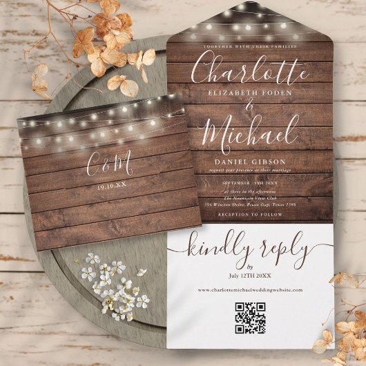 Rustic String Lights QR Code Monogram Weddenschap All In One Uitnodiging