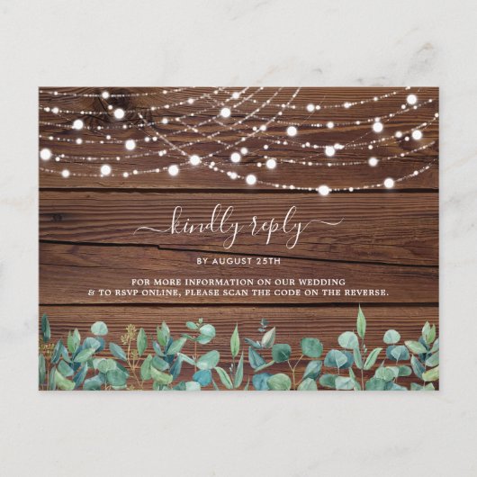 Rustic String Lights QR Code Wedding RSVP Uitnodiging Briefkaart (Voorkant)