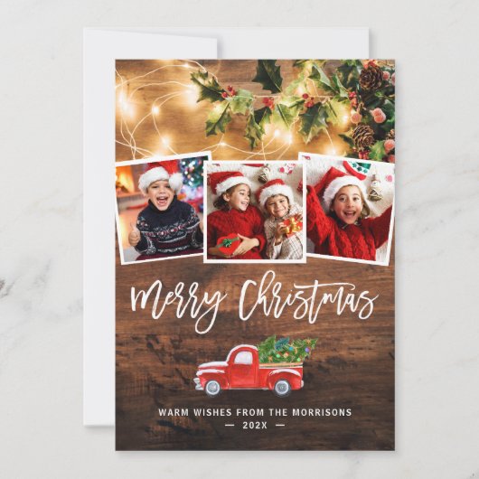 Rustic String Lights Red Kersttruck 4 Foto Feestdagenkaart (Voorkant)