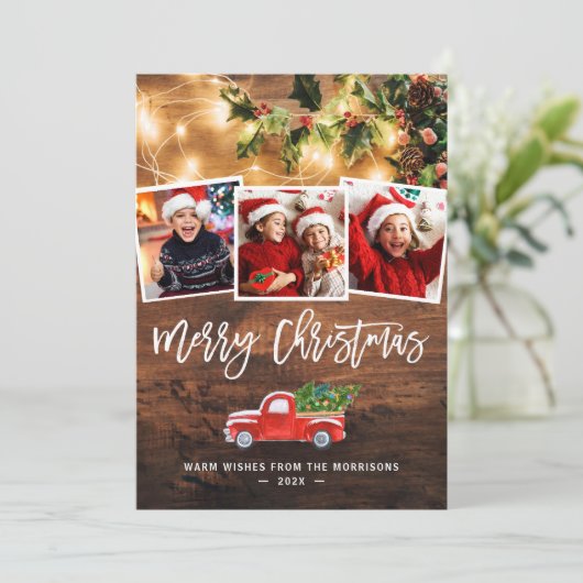 Rustic String Lights Red Kersttruck 4 Foto Feestdagenkaart (Staand voorkant)