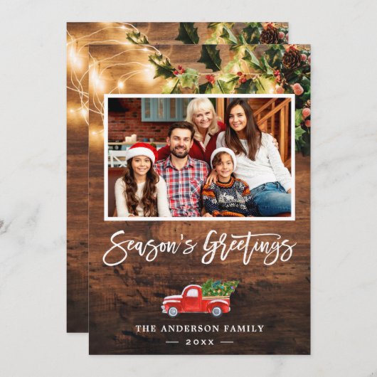 Rustic String Lights Red Truck Photo Greep Feestdagenkaart (Voorkant / Achterkant)