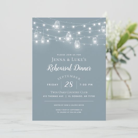 Rustic String Lights Rehearsal Dinner Invitation Kaart (Staand voorkant)
