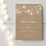 Rustic String Lights Rehearsal Dinner Invitation Kaart<br><div class="desc">Betaalbare aangepaste, gedrukte huwelijksrepetities voor het diner met een gebruiksvriendelijke sjabloon voor aanpassing. Dit rustige chic-ontwerp bevat strengen van gloeiende snaarlampen en maandraden op een faux kraft-achtergrond. Pas de uitnodiging aan met de details van uw repetitieve diner of pas de tekst aan om voor elke gebeurtenis te gebruiken. Gebruik de...</div>