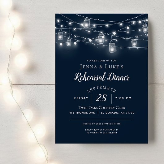 Rustic String Lights Rehearsal Dinner Invitation Kaart