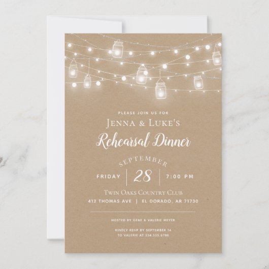 Rustic String Lights Rehearsal Dinner Invitation Kaart (Voorkant)