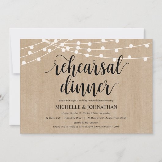 Rustic String Lights Rehearsal Dinner Invites Kaart (Voorkant)