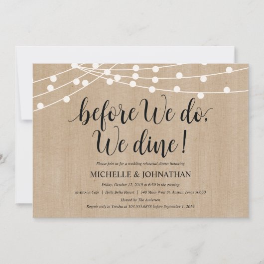 Rustic String Lights Rehearsal Dinner Invites Kaart (Voorkant)