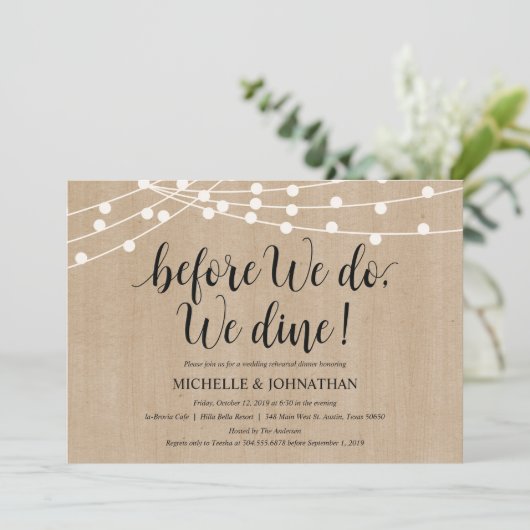 Rustic String Lights Rehearsal Dinner Invites Kaart (Staand voorkant)